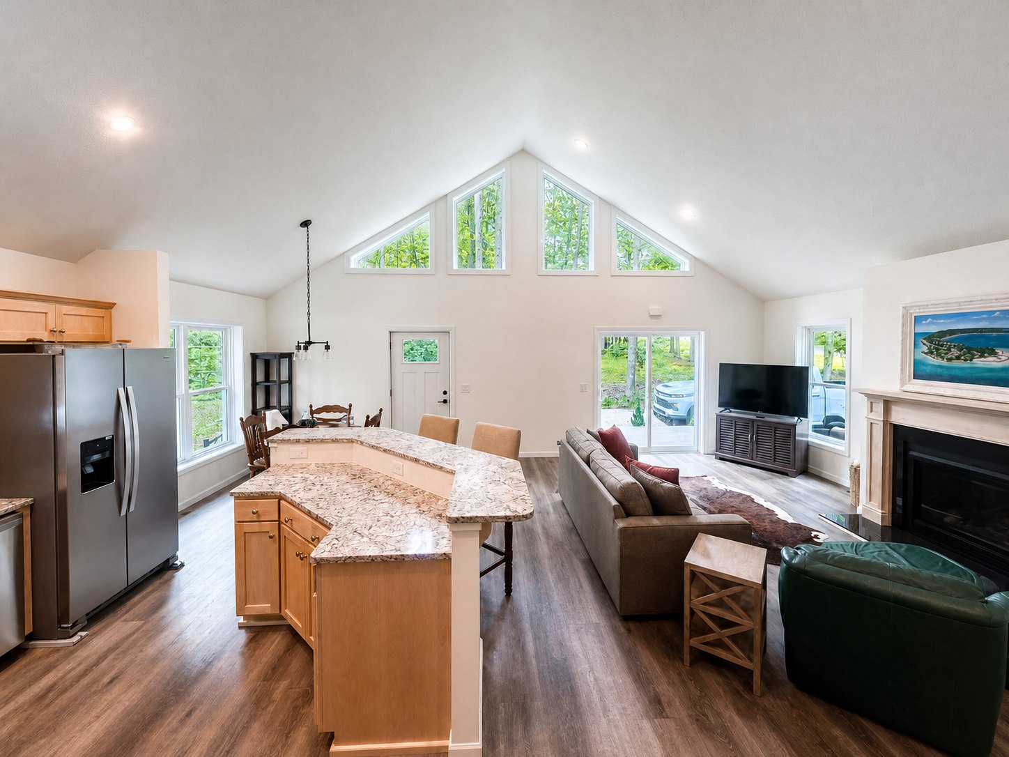 Open-concept great room and kitchen at Wild Cherry Lodge